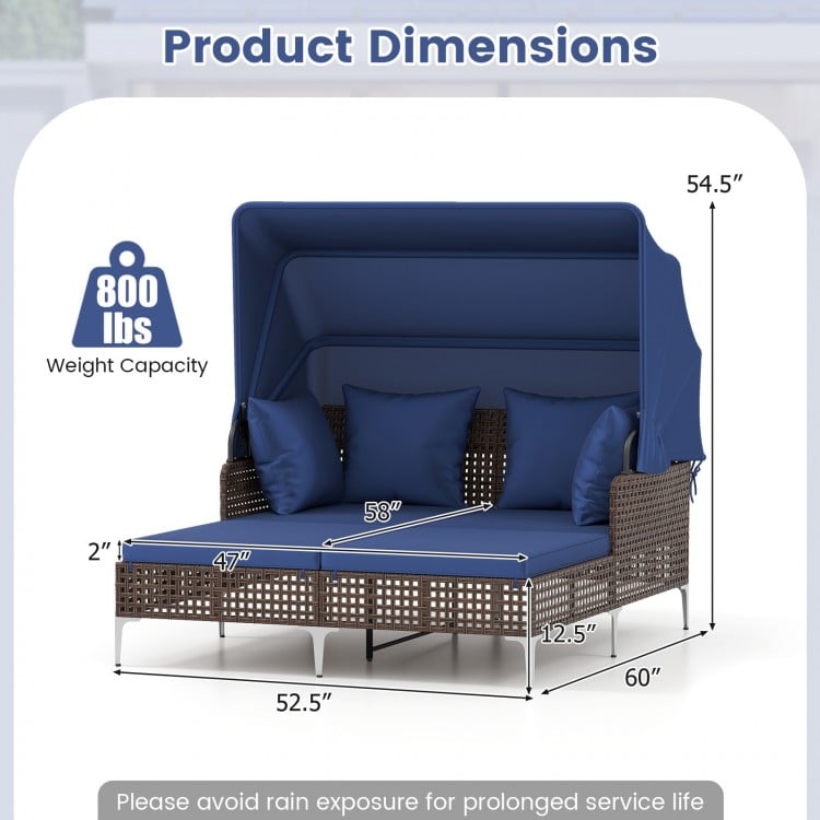Outdoor daybed dimensions with retractable canopy, navy PE wicker, 800 lbs capacity, ideal for patio and garden.