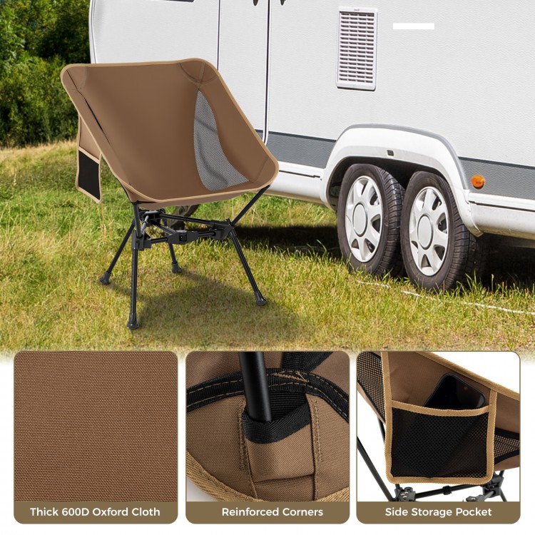 Portable camping chair in coffee color with thick 600D oxford cloth, side storage pocket, and ergonomic design for.