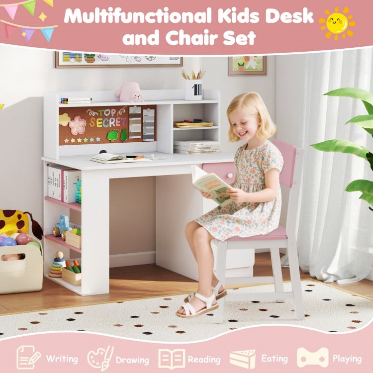 Kids desk and chair set in pink with hutch, ideal for writing, drawing, and reading in a child's room.