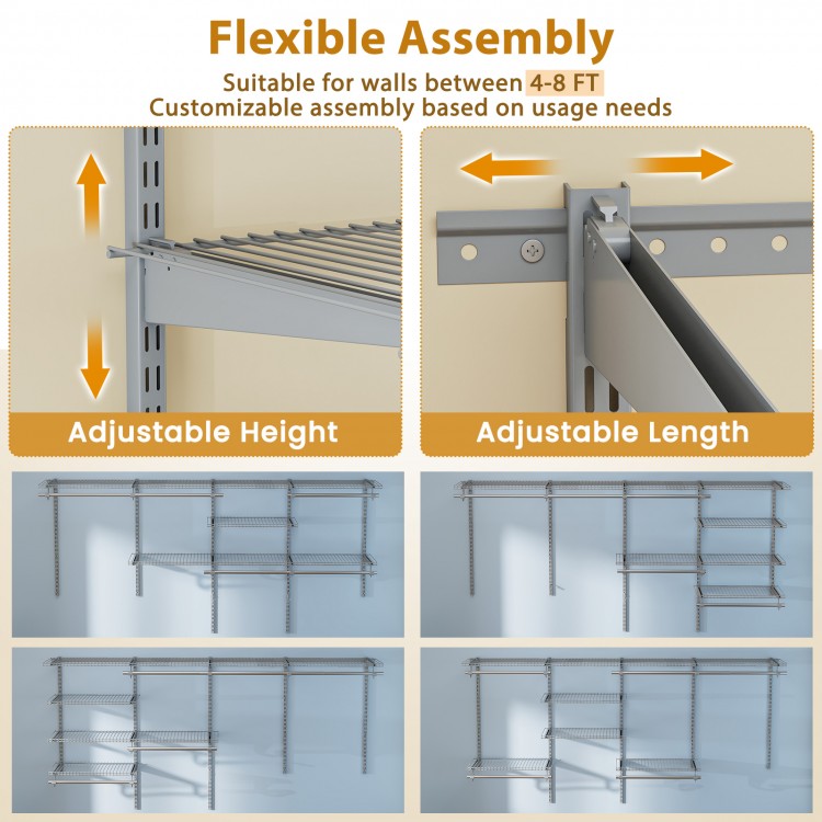 Adjustable 4-8 feet closet organizer in grey with shelves and hanging rods, ideal for laundry and bedroom storage.