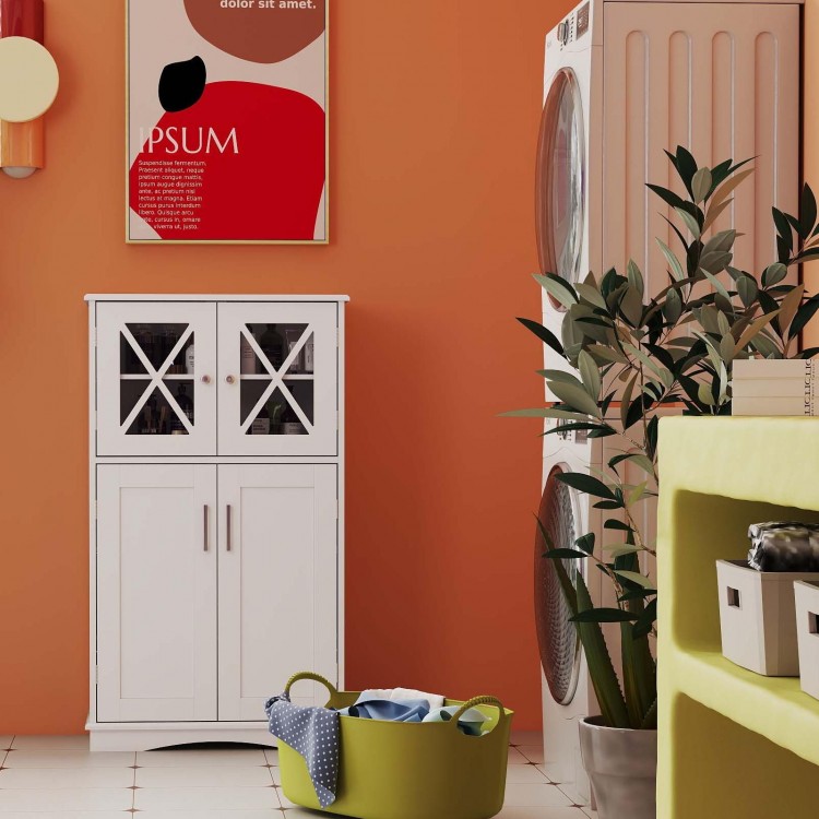 Modern white floor cabinet with glass doors, part of a 5-piece bathroom suite for organized storage and stylish decor.