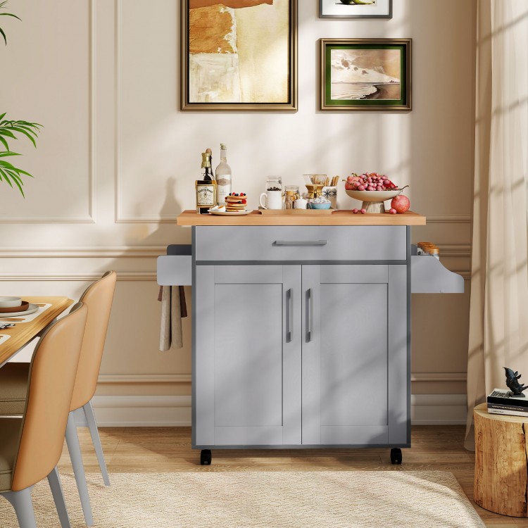 Rolling kitchen island cart in gray with spacious countertop, adjustable shelves, and towel/spice racks for organized.