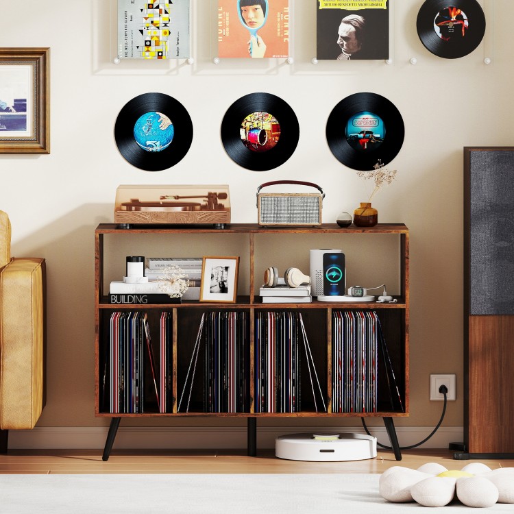Record player stand in rustic brown with open shelves, charging station, and vinyl record storage for stylish.