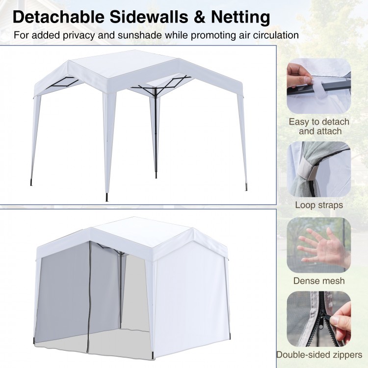 Pop up canopy tent with 4 sidewalls and mesh netting, offering UPF50+ sun protection for outdoor events.
