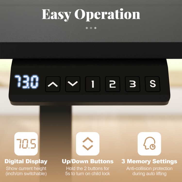 Digital control panel of the 48" x 24" electric standing desk with 3 memory settings for ergonomic home office use.