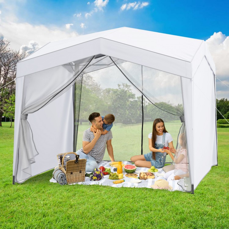 Pop-up canopy tent with 4 sidewalls and mesh netting, providing sun protection for picnics and outdoor activities.