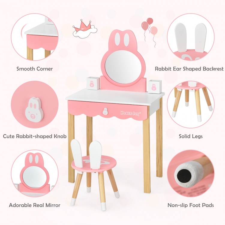 Kids vanity set featuring a rabbit-shaped backrest, round mirror, and solid wood legs, perfect for playrooms or.