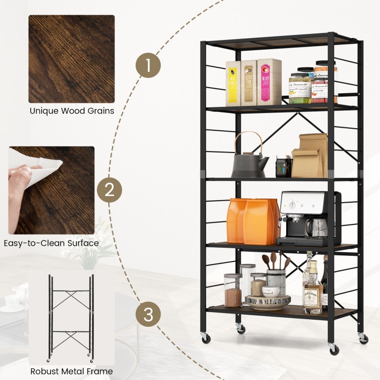 5-tier foldable shelving unit in black with unique wood grains, detachable wheels, and anti-toppling system for.