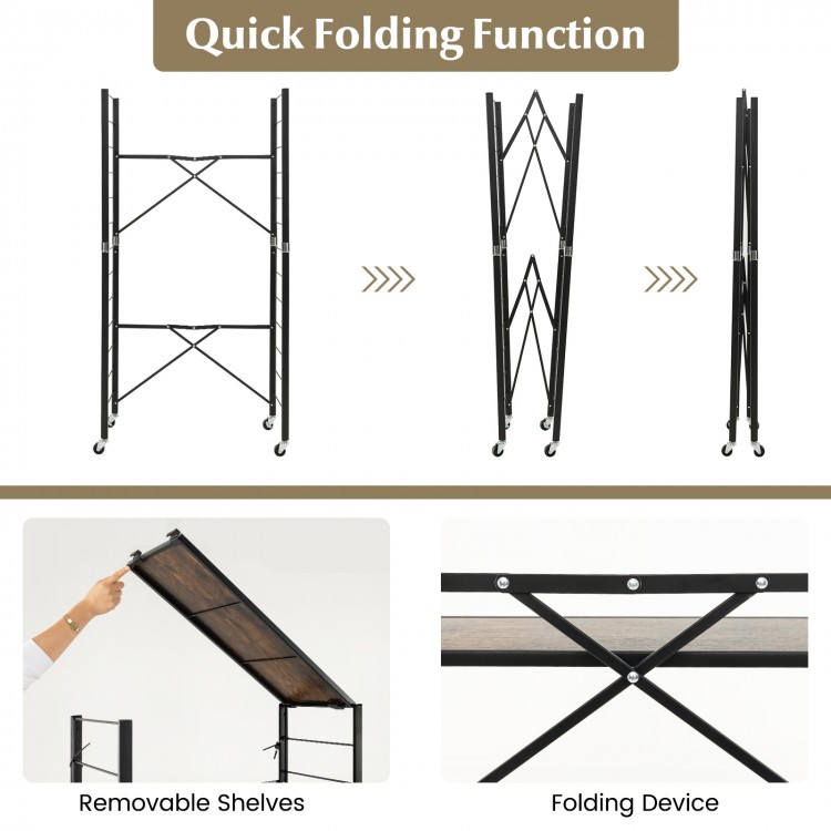 5-tier foldable shelving unit in black with removable shelves, quick folding function, and detachable wheels for.