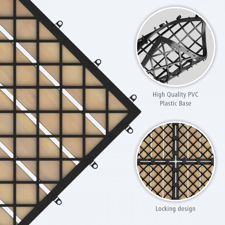 Close-up of interlocking acacia wood tile flooring with PVC base, showcasing durable design for outdoor use.