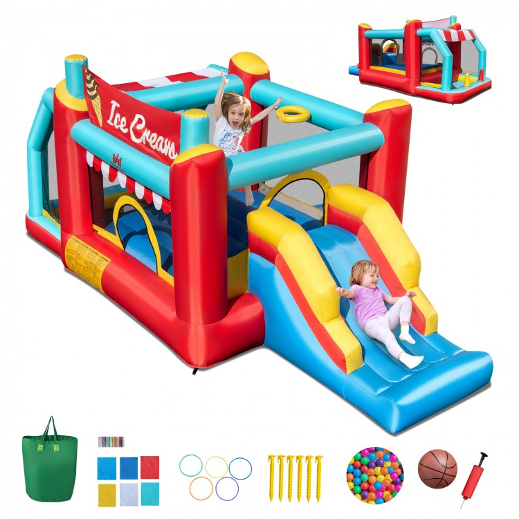 5-in-1 Ice Cream inflatable bounce house with slide, ball pit, and basketball hoop for kids' outdoor fun.