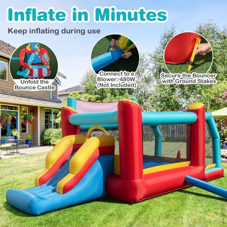 5-in-1 Ice Cream Inflatable Bounce House with slide and ball pit, featuring durable Oxford fabric for outdoor fun.