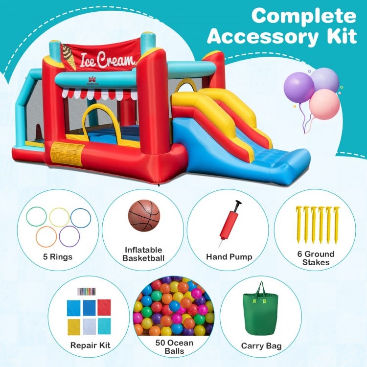 5-in-1 Ice Cream inflatable bounce house with slide, ball pit, and complete accessory kit for kids' outdoor fun.