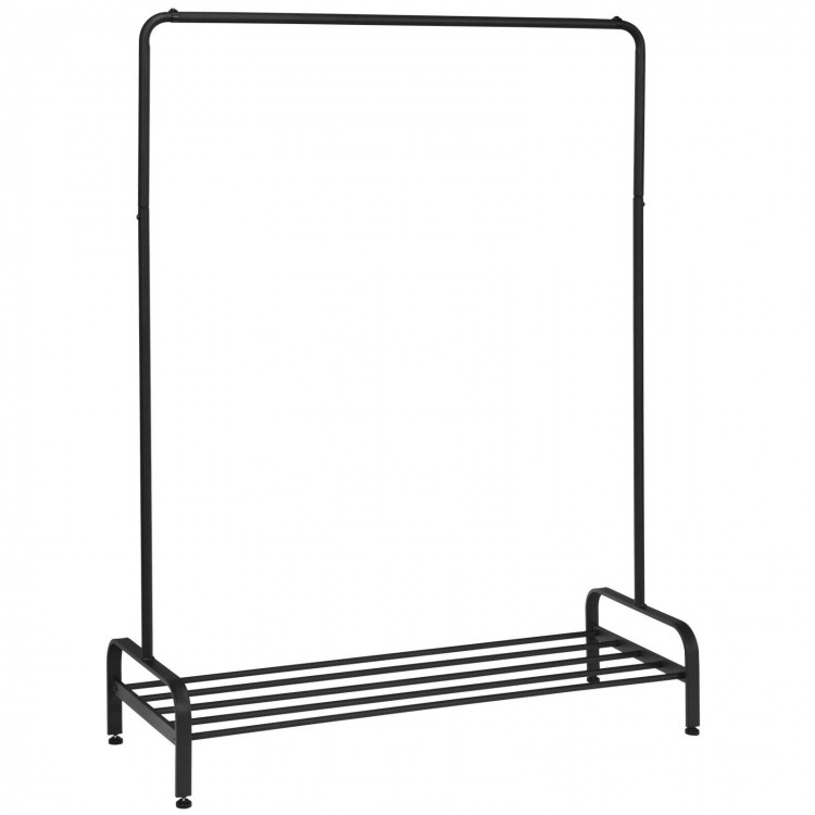 Heavy duty clothes stand rack with top rod and lower storage shelf, featuring a powder-coated finish for rust.