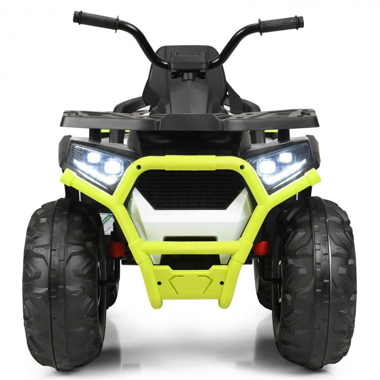 Front view of the 12V kids electric ATV quad in white, featuring LED lights, sturdy design, and safety belt for fun.