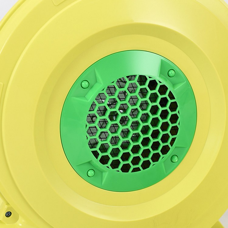 Close-up of the yellow air blower pump fan with green grille, featuring a powerful 950 W motor for inflatables.
