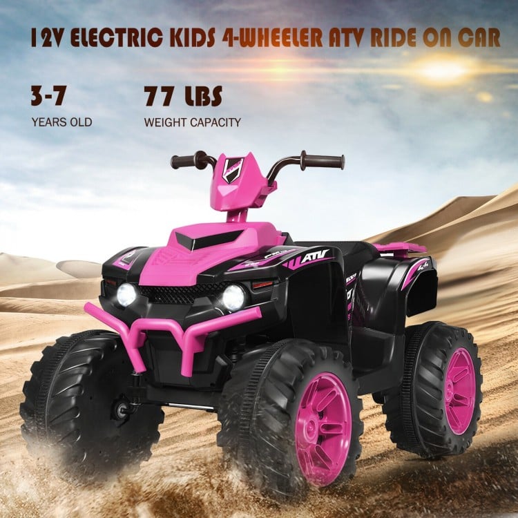 12V pink kids ATV with LED lights, treaded tires, and music features for fun outdoor driving experiences.
