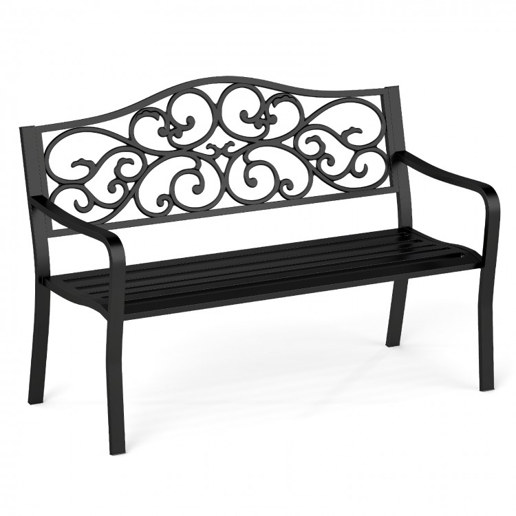 Black cast iron metal patio bench with floral design backrest, slatted seat, ideal for outdoor gatherings and comfort.