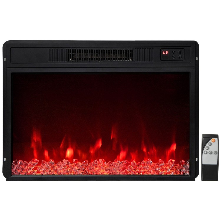 Electric fireplace insert with remote control, 5000 BTU output, realistic flame effects, and 9 flame colors for ambiance.