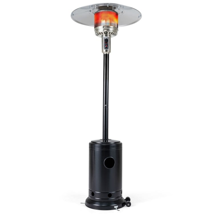 Patio propane gas heater with stainless steel burner, 50,000 BTU, adjustable flame control, ideal for outdoor use.