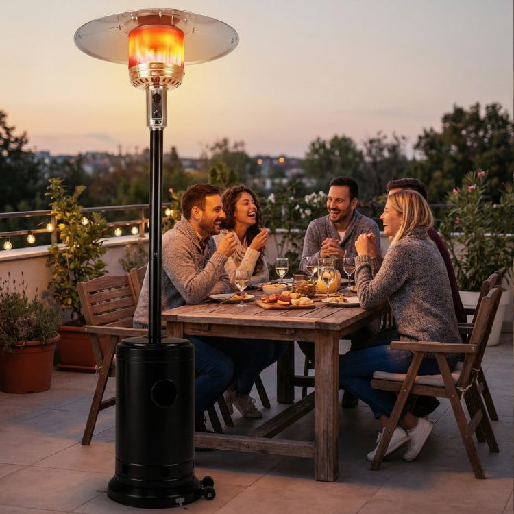 Patio propane gas heater with stainless steel burner, providing 50,000 BTU heat for outdoor gatherings and comfort.