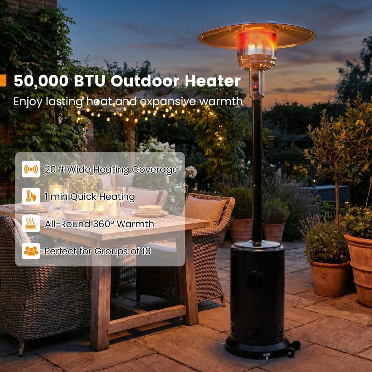 50,000 BTU patio propane gas heater with stainless steel burner, providing 20 ft heating coverage for outdoor.