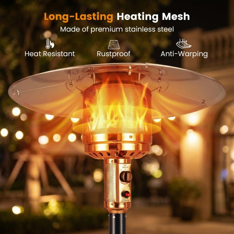Patio propane gas heater with stainless steel burner, providing 50,000 BTU heat output for outdoor spaces.