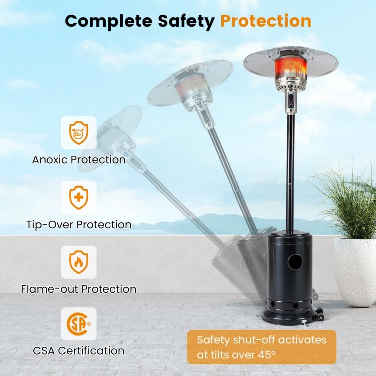 Patio propane gas heater with stainless steel burner, featuring safety protections and adjustable flame control for.