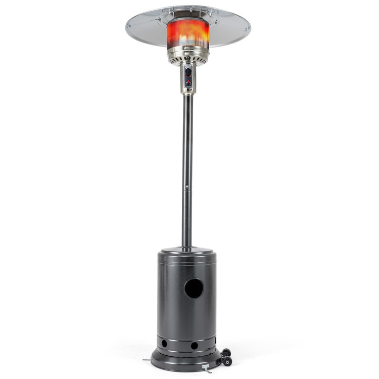 50,000 BTU patio propane gas heater in gray with stainless steel burner, ideal for outdoor warmth and stability.