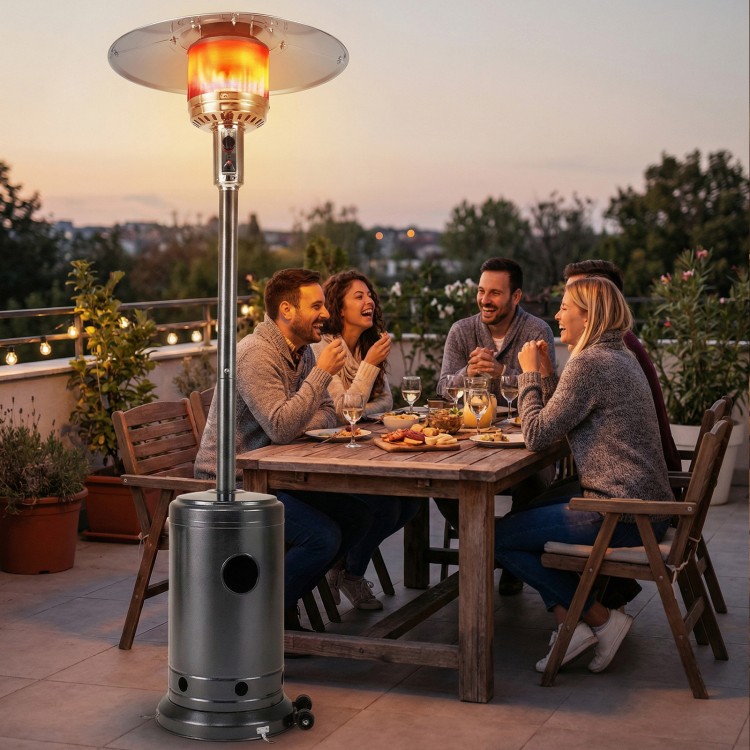 Patio propane gas heater with stainless steel burner providing 50,000 BTU heat, ideal for outdoor gatherings.