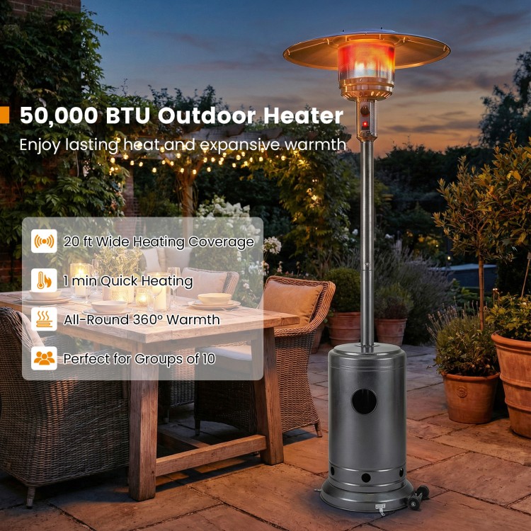 Stainless steel 50,000 BTU patio propane gas heater with adjustable flame, perfect for outdoor gatherings and warmth.