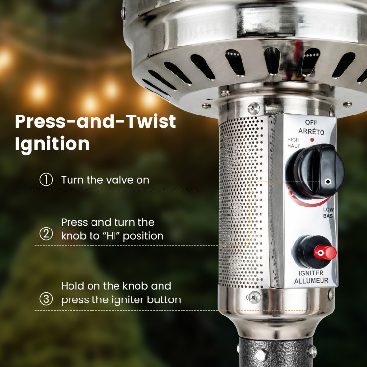Close-up of the press-and-twist ignition knob on the 50,000 BTU stainless steel patio propane gas heater for easy.