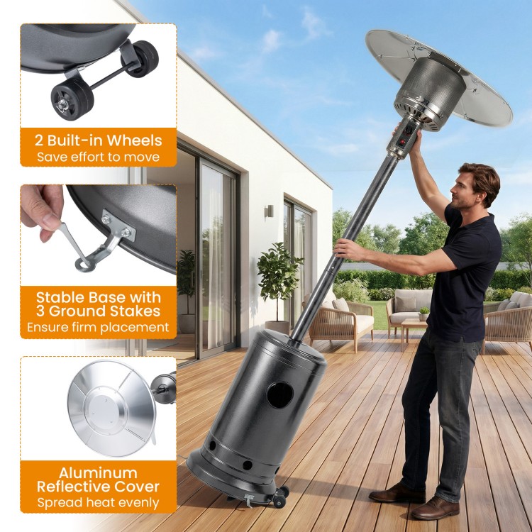 Patio propane gas heater with stainless steel burner, built-in wheels for easy mobility, ideal for outdoor spaces.