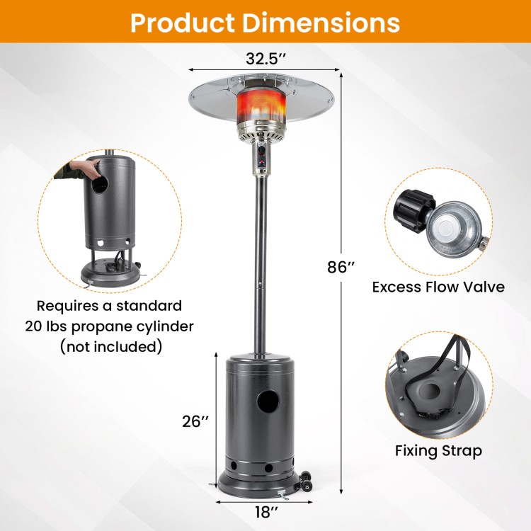 Patio propane gas heater dimensions showing 86" height, 32.5" diameter, and 18" base for outdoor use.