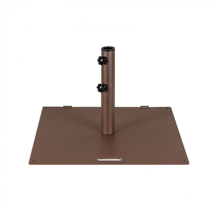 Square 50 lbs patio umbrella base made of weather-resistant steel with adjustable knobs for stability and built-in.