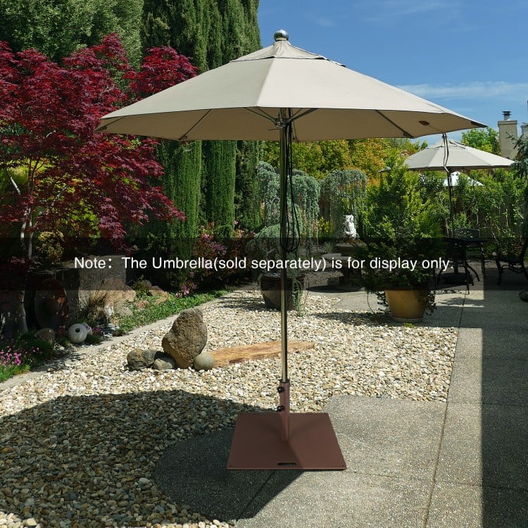 50 lbs weighted square patio umbrella base with adjustable knobs and wheels for easy transport and stability.