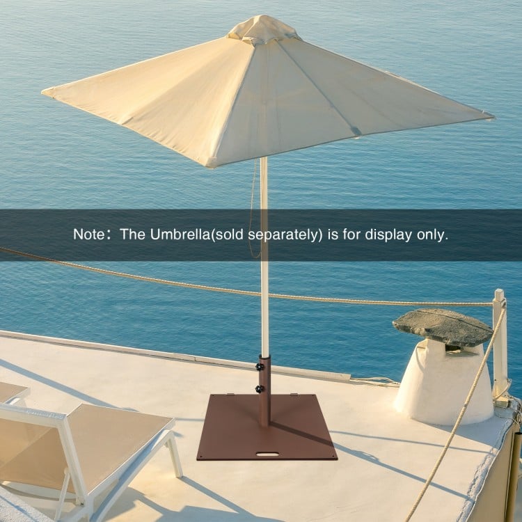 Square 50 lbs patio umbrella base with adjustable knobs and wheels, designed for stability and easy transport.