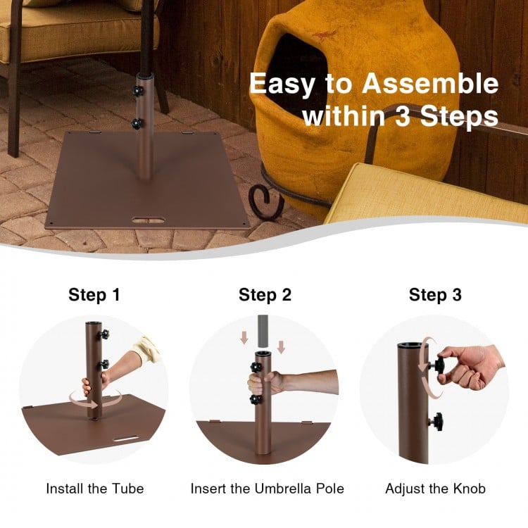 50 lbs weighted 24-inch square patio umbrella base with adjustable knobs, easy 3-step assembly, and built-in wheels.