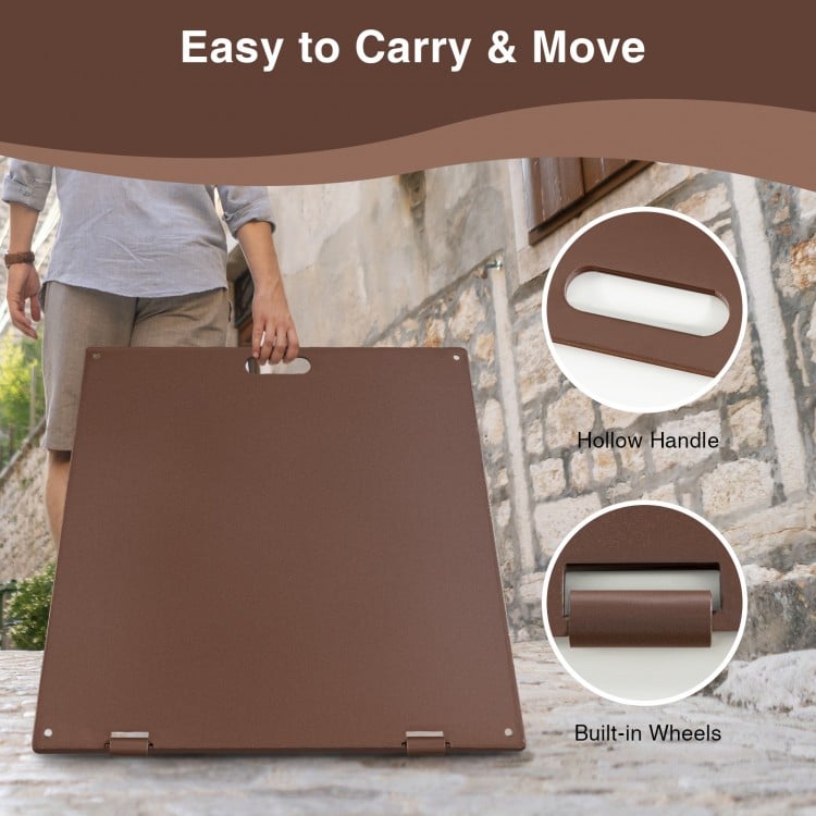Square patio umbrella base with built-in wheels and carrying handle for easy transport, made of weather-resistant steel.