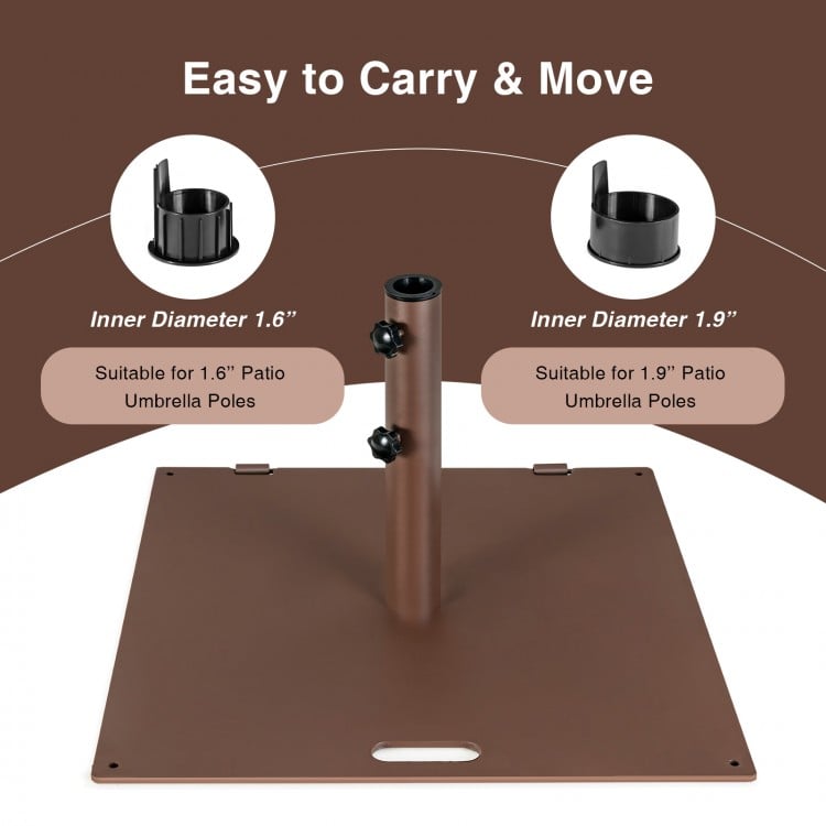 50 lbs weighted square patio umbrella base with adjustable knobs, suitable for 1.6" and 1.9" poles, easy to move.