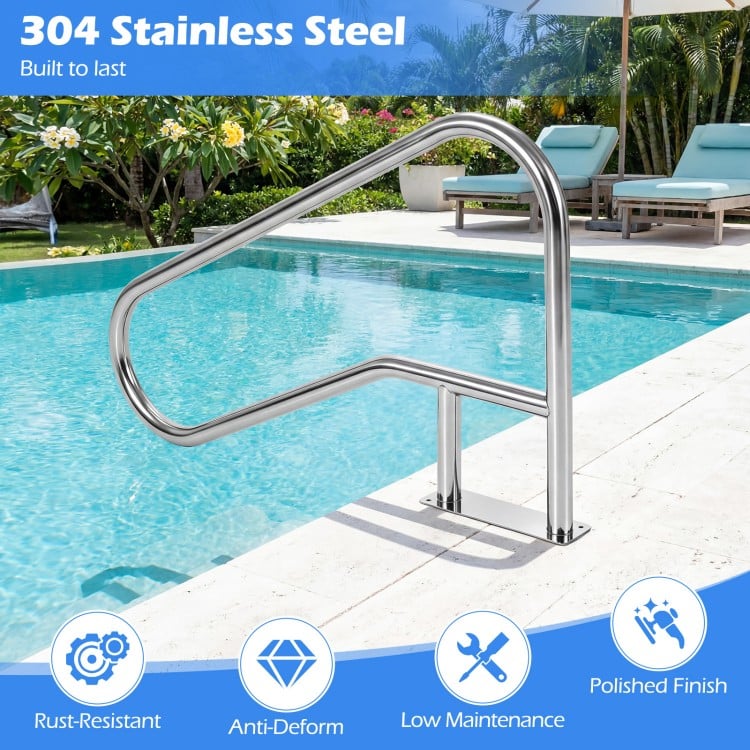 Curved 304 stainless steel pool handrail with polished finish, rust-resistant for stable support at swimming pools.