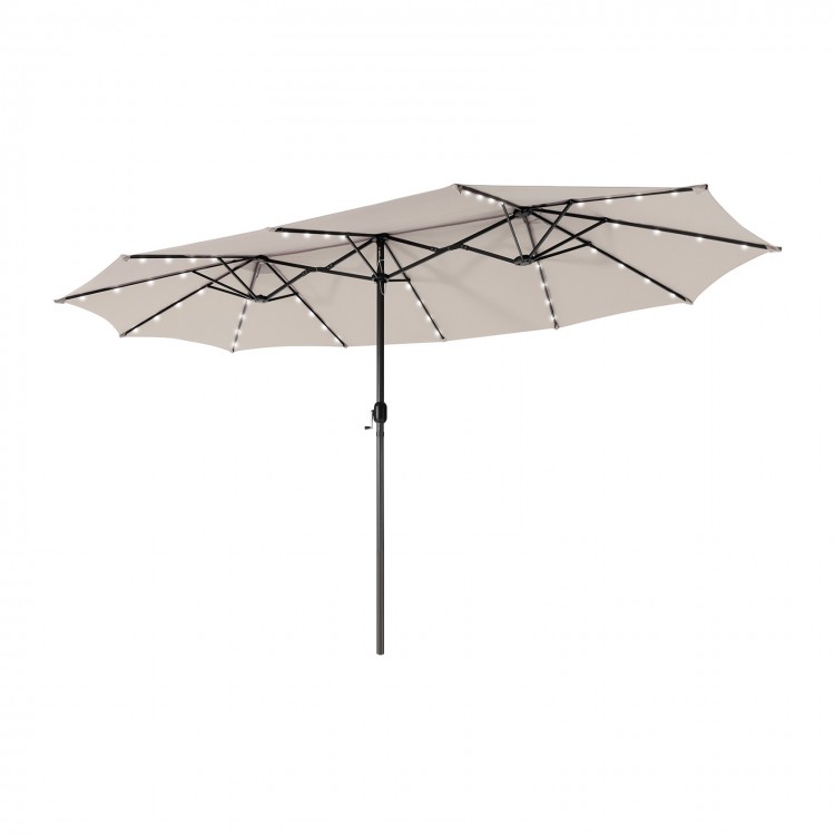 Double-sided 15 feet patio umbrella in beige with 48 solar LED lights, ideal for outdoor gatherings and commercial use.