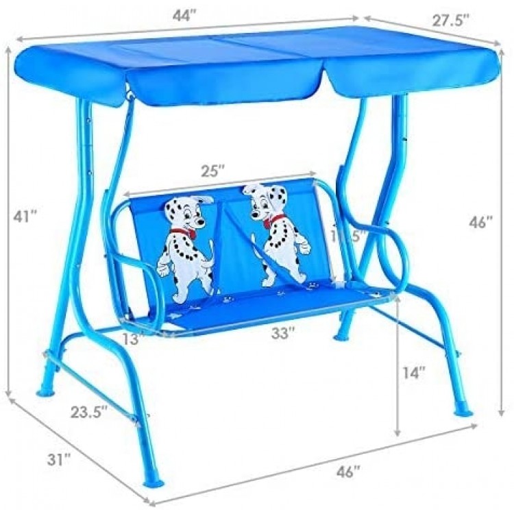 Blue outdoor kids patio swing bench with canopy, featuring puppy pattern, for 2 children aged 3 to 5 years.