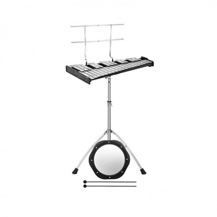 32 note glockenspiel xylophone with adjustable stand, featuring a sturdy frame and removable cushion for versatile use.