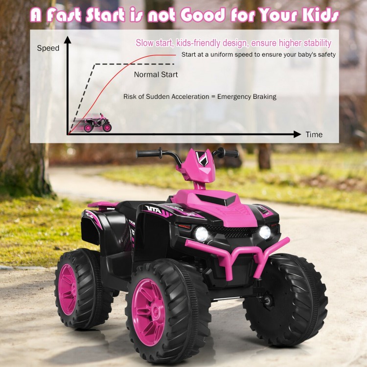 12V pink kids ride-on ATV with LED lights, treaded tires, and slow start feature for enhanced driving stability.