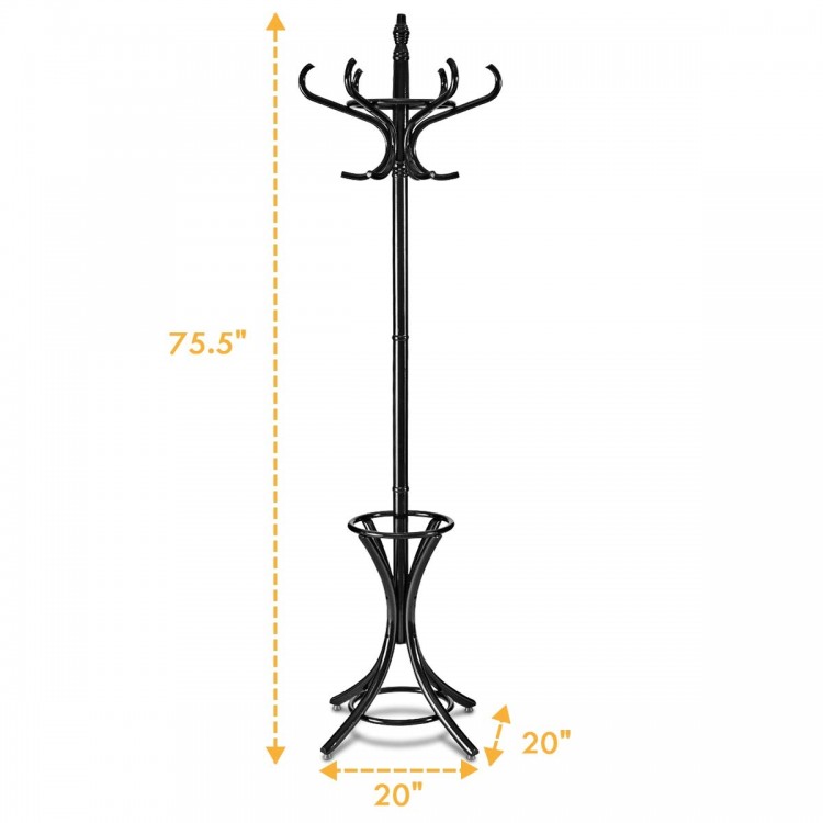 Black wood coat rack with umbrella stand, featuring a sturdy 2-layer structure and smooth varnish finish for any space.
