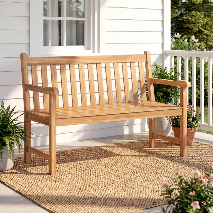 Teak outdoor porch bench with armrests, 3-seat solid wood design, perfect for patio or garden relaxation.