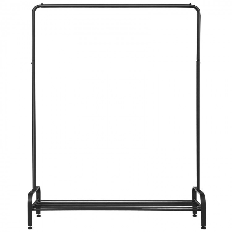 Heavy duty clothes stand rack with top rod and lower storage shelf, featuring a sturdy metal structure for organization.