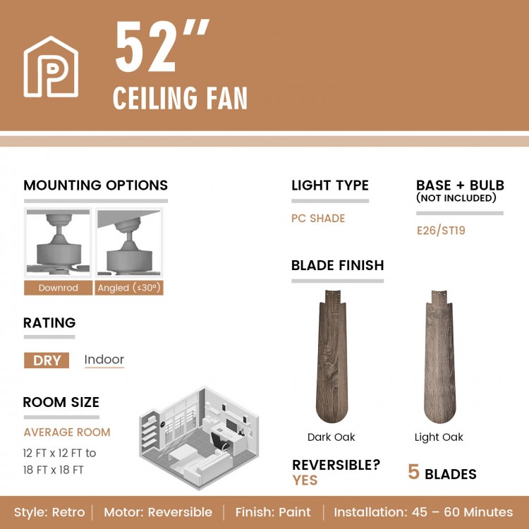 52-inch ceiling fan with remote control featuring reversible motor, oak blades, and adjustable speeds for indoor use.