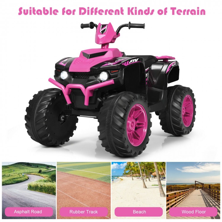 12V pink kids ride-on ATV with LED lights, treaded tires, and suitable for various terrains like beach and asphalt.